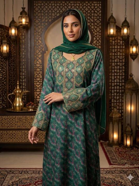 مخاوير زمردي فاخر بتطريز يدوي وحجارة لامعة